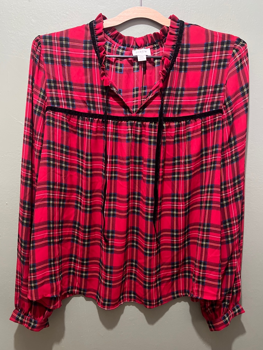 J.Crew Red Plaid Velvet Tie-Neck Balloon Sleeve Holiday Blouse Size